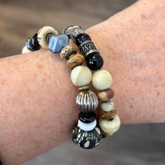 Bohemian Coil Bracelet Natural and Carved Beads - Picture 3 of 12